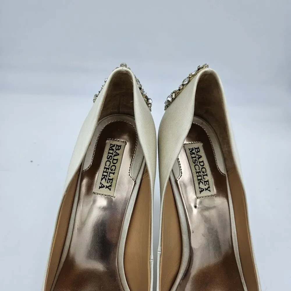 Badgley Mischka Kiara‎ Satin Crystal Open Toe Heels US 9 Bridal Wedding